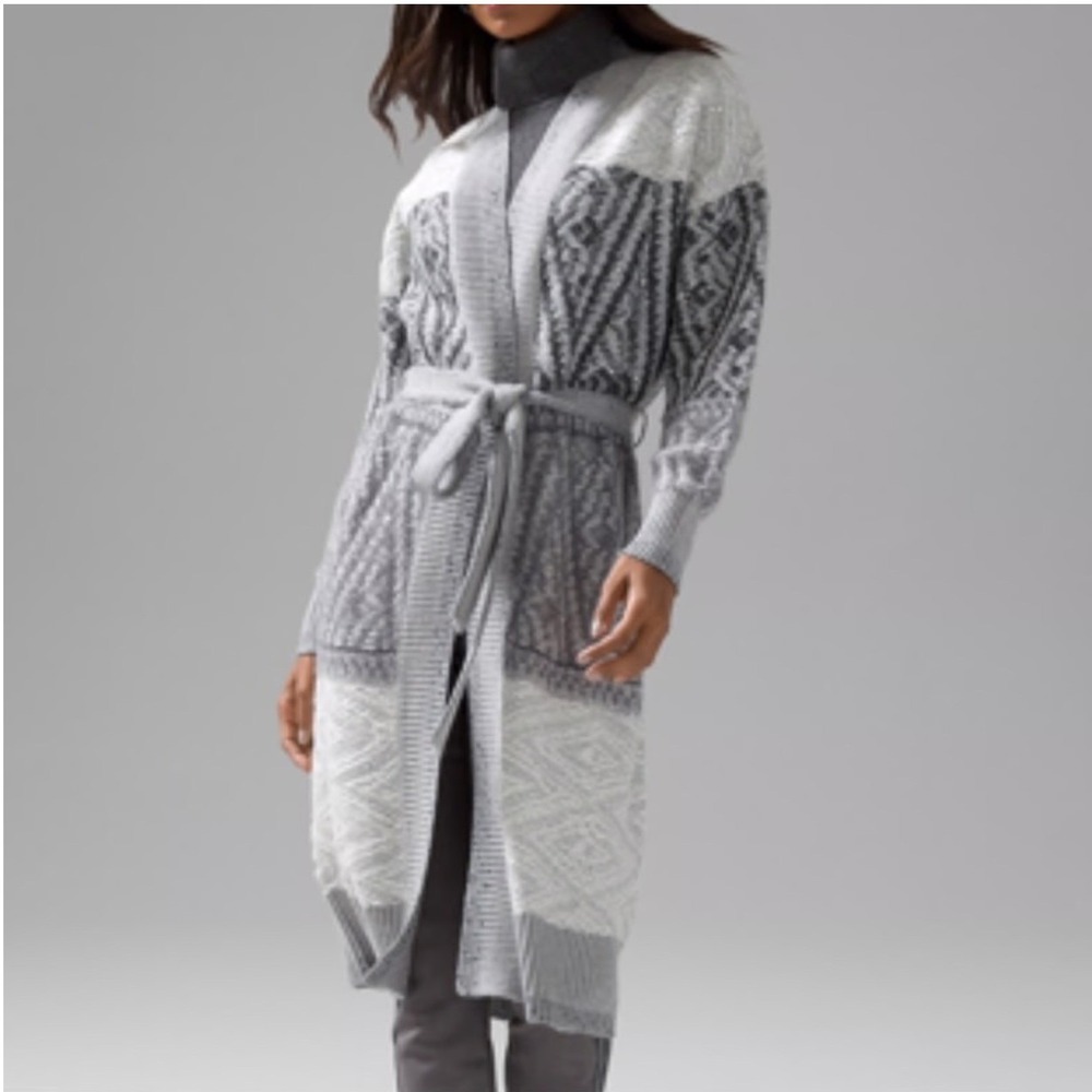 White House Black Market Fair Isle Sequin Cardigan Sweater Women's L Gray Boho - Picture 1 of 14